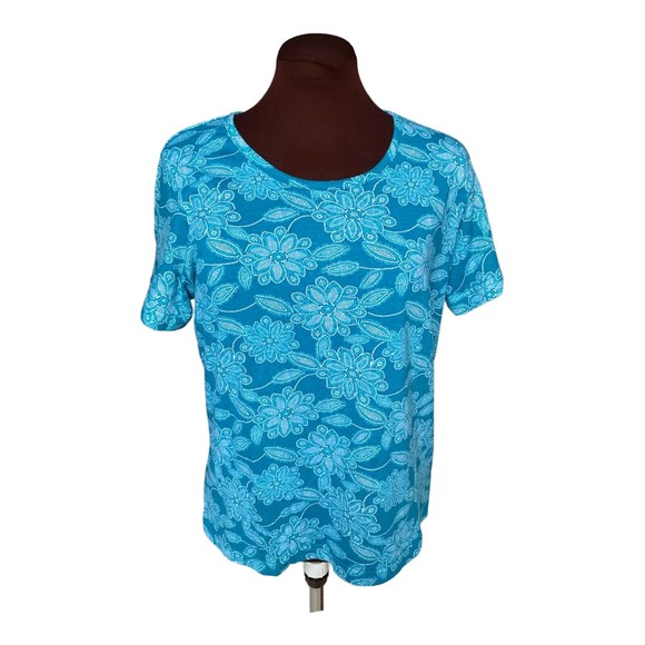Boca Bay Womens Blue Floral Round Neck Short Sleeve Top Size Medium - Picture 9 of 9